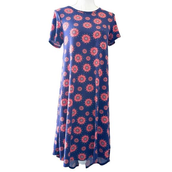 LuLaRoe XS Carly Dress Navy Pink Floral Swing Stretch Knit Pocket Size xs - Picture 12 of 12